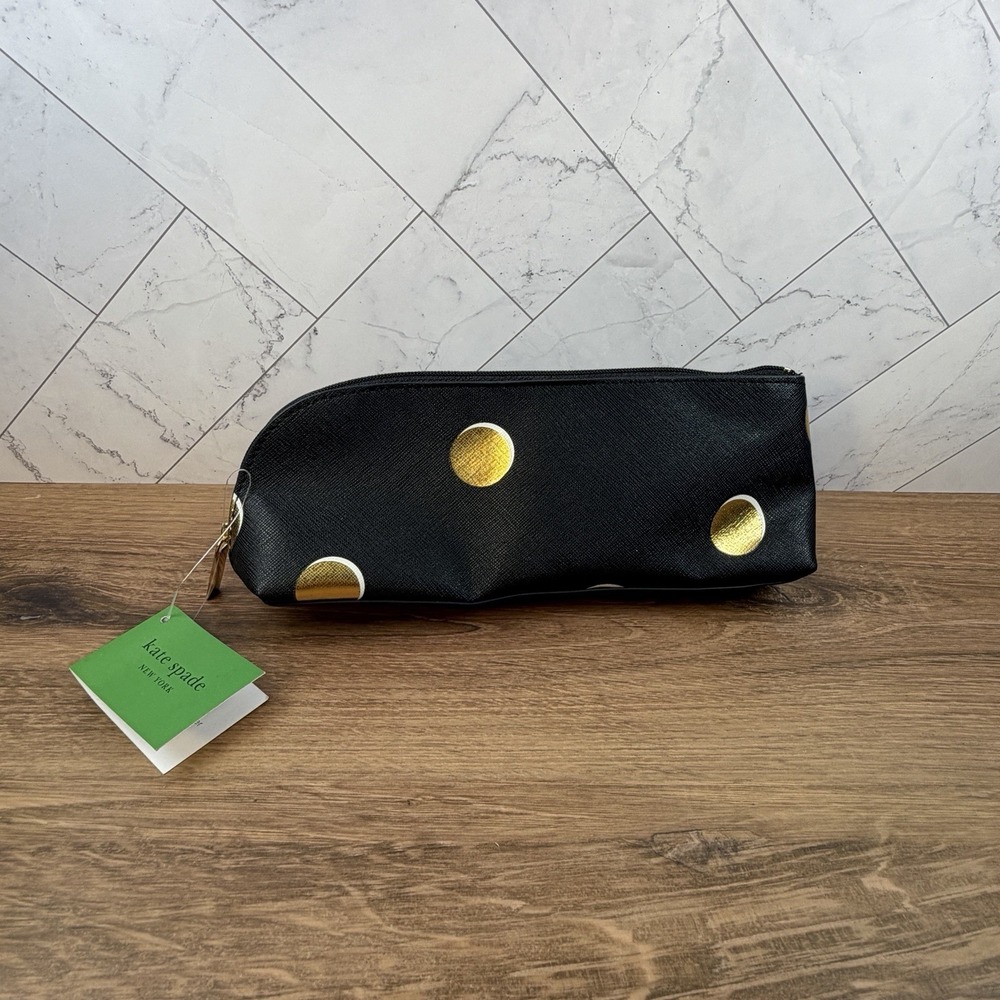 Kate Spade Scatter Dot Pencil Case Black  Gold Dots NWT Ruler Eraser Sharpener